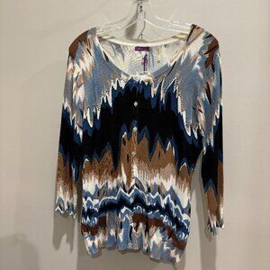 Olivia m. button up Blues & Brown print (w/ beaded detailing) 3/4 cardigan Sz M